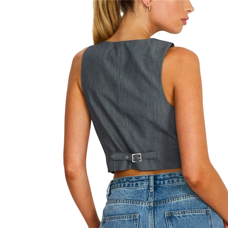 Vest Waistcoat for Y2k Clothes Color Slim Fit V Neck Sleeveless Button Down Crop Top Outwear Gilet