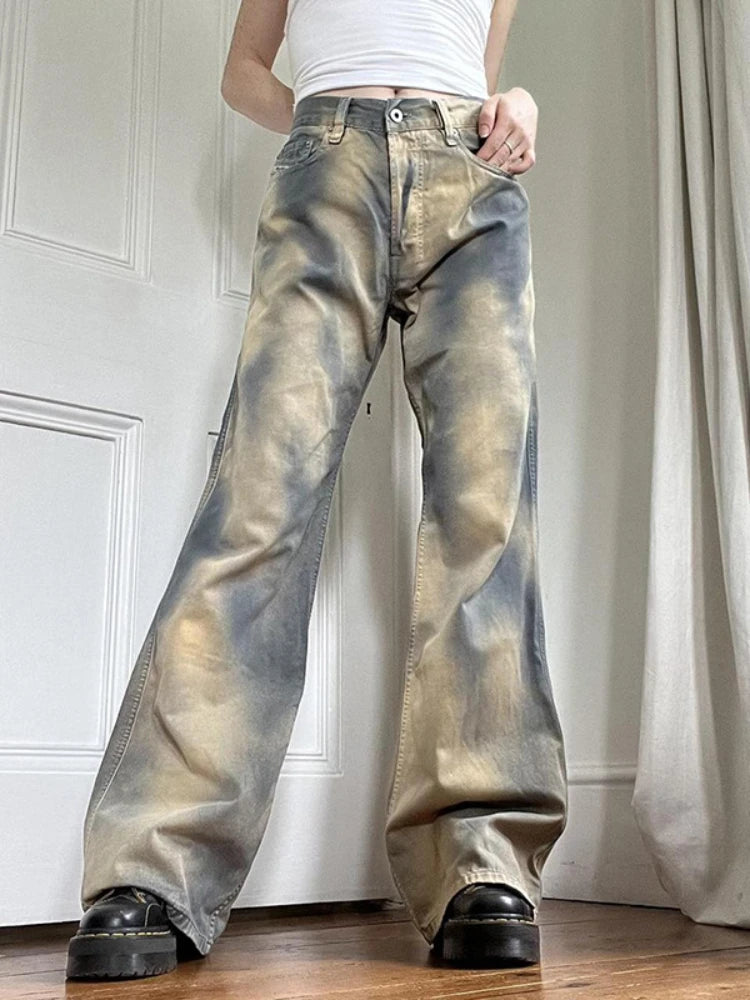 Gradient Color Jeans Loose Washed Y2k Wide Leg Pant High Street Straight Denim Trousers