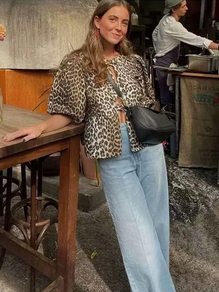 Summer Loose Puff Short Sleeves Tops for Woman Leopard Printed Lace Up Round Neck Tshirt Female Blouse Top