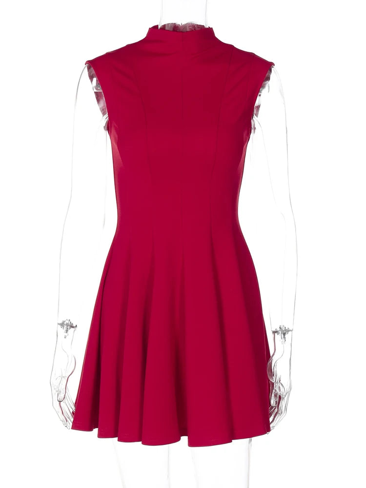 Sleeveless Folds Mini Dress ’s Color High Waist Outfits Half Turtleneck Club Party Dress A-line