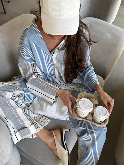 Stripe Loose Top Set Wide Leg High Waist Lady Pants Sets Contrasted Long Sleeve Turn-down Collar Female Suit
