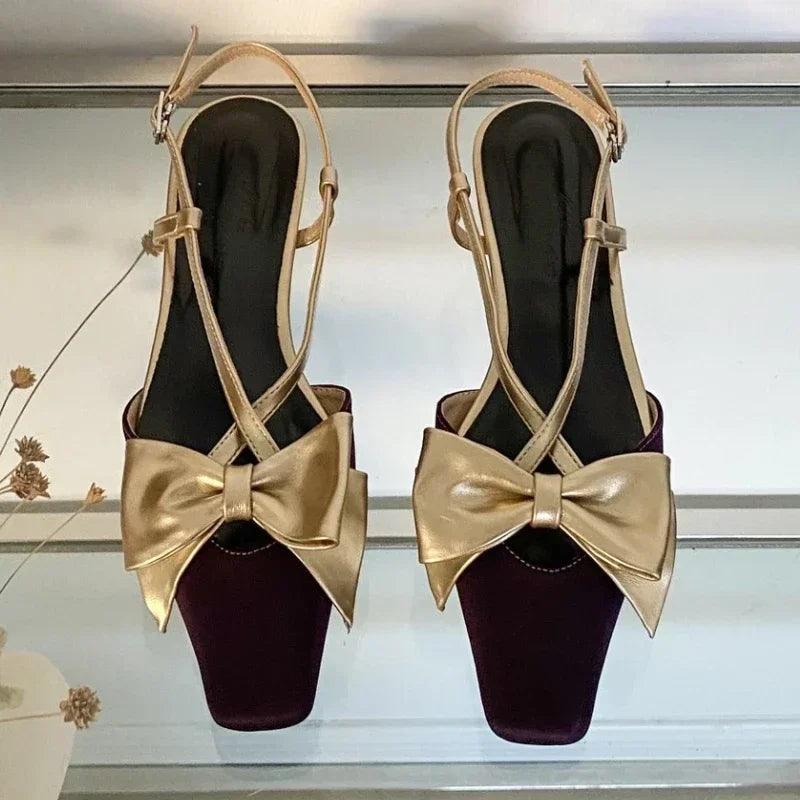 Sweet Butterflyknot Low Heel Mules Shallow Dress Shoes Female Comfy Crosstied Square Toe Slingback Sandals