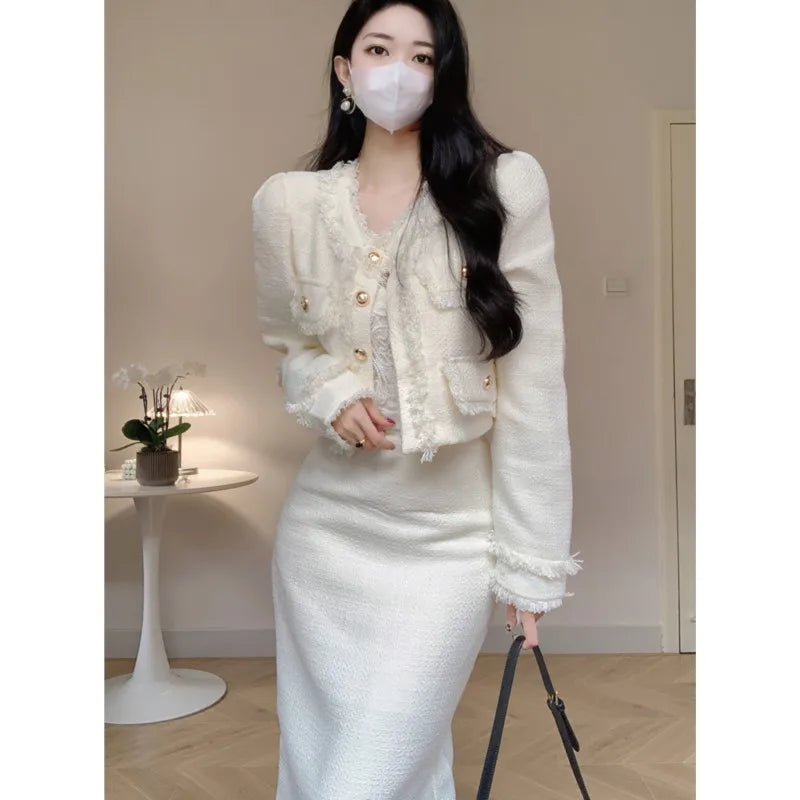 Korean Two-piece Skirt Sets Crop Jacket Coat Bodycon Midi Skirt Autumn Winter New Female Outfits