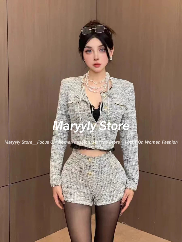 Autumn Korean Slim Outfits 2 Piece Set Y2k Office Lady Long Sleeve Short Coat + Bodycon Higt Waist Shorts New