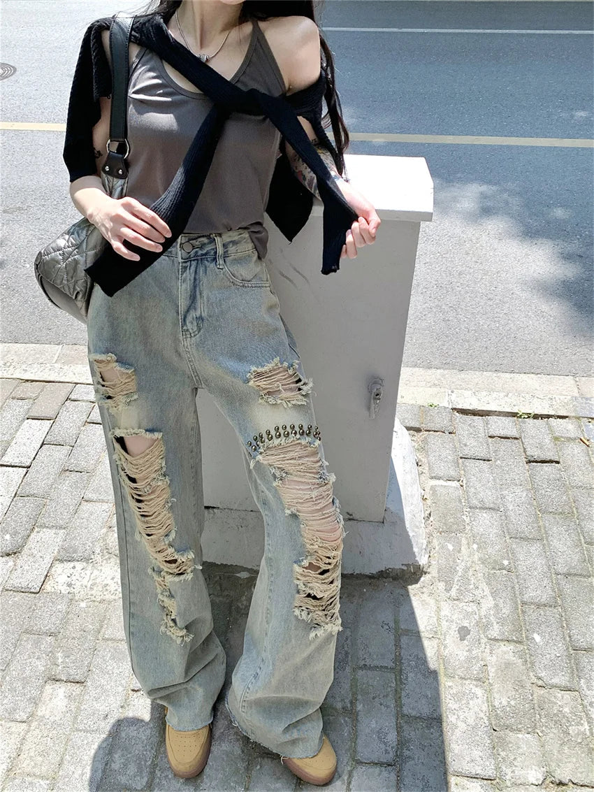 Autumn Hole Jeans High Waist Straight Loose Wide Leg Slim Office Wear Daily Pants
