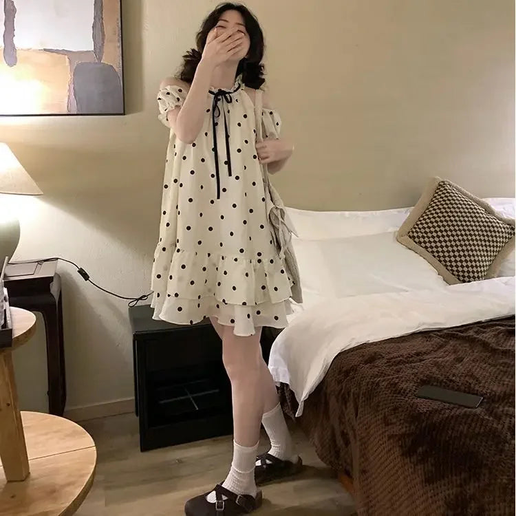 Sweet and Girl's Polka Dot Off Shoulder Princess Doll Dress Summer New Bubble Sleeve Loose Aline Midi Dress for