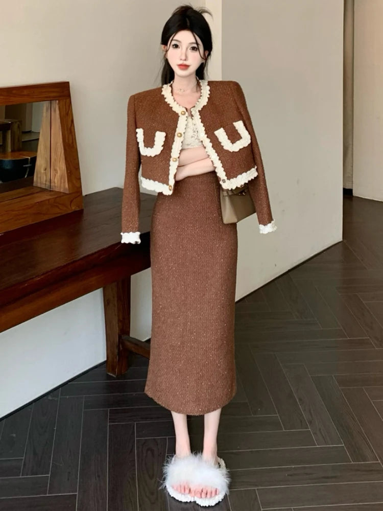 Small Fragrance Tweed Skirts Sets O Neck Patchwork Short Cardigans Jacket Long Skirt Korean Two Piece Set Female Outfits