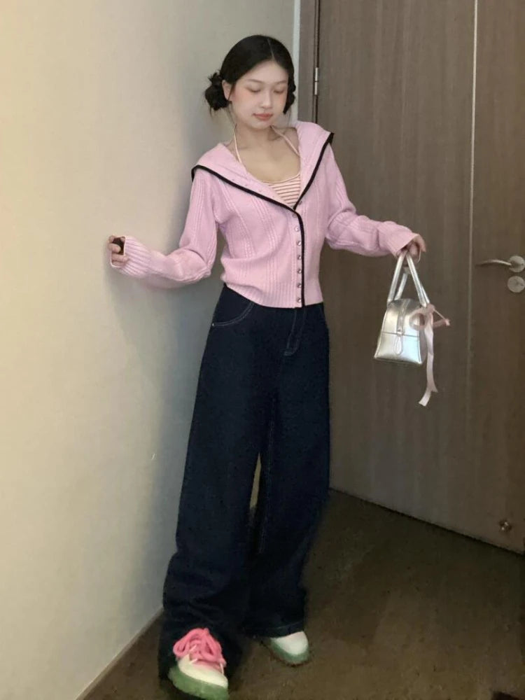 Y2k Pink Knitted Cardigan Sailor Collar Long Sleeve Sweater Korean Preppy Style Autumn Winter Clothes