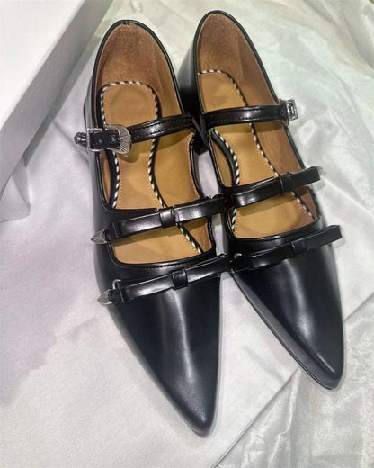 Japanese Metal Buckle Bow Mary Jane Shoes Sweet and Cool Pointed Leather Shallow Flat Shoes