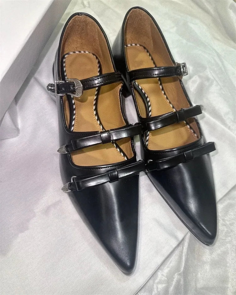 Japanese Metal Buckle Bow Mary Jane Shoes Sweet and Cool Pointed Leather Shallow Flat Shoes