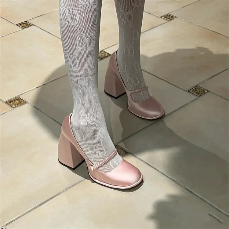 New Round Toe Mary Jane Shoes Retro Buckle High Heels Dress Shoes Party Thick Soled Pumps Zapatos De Mujer