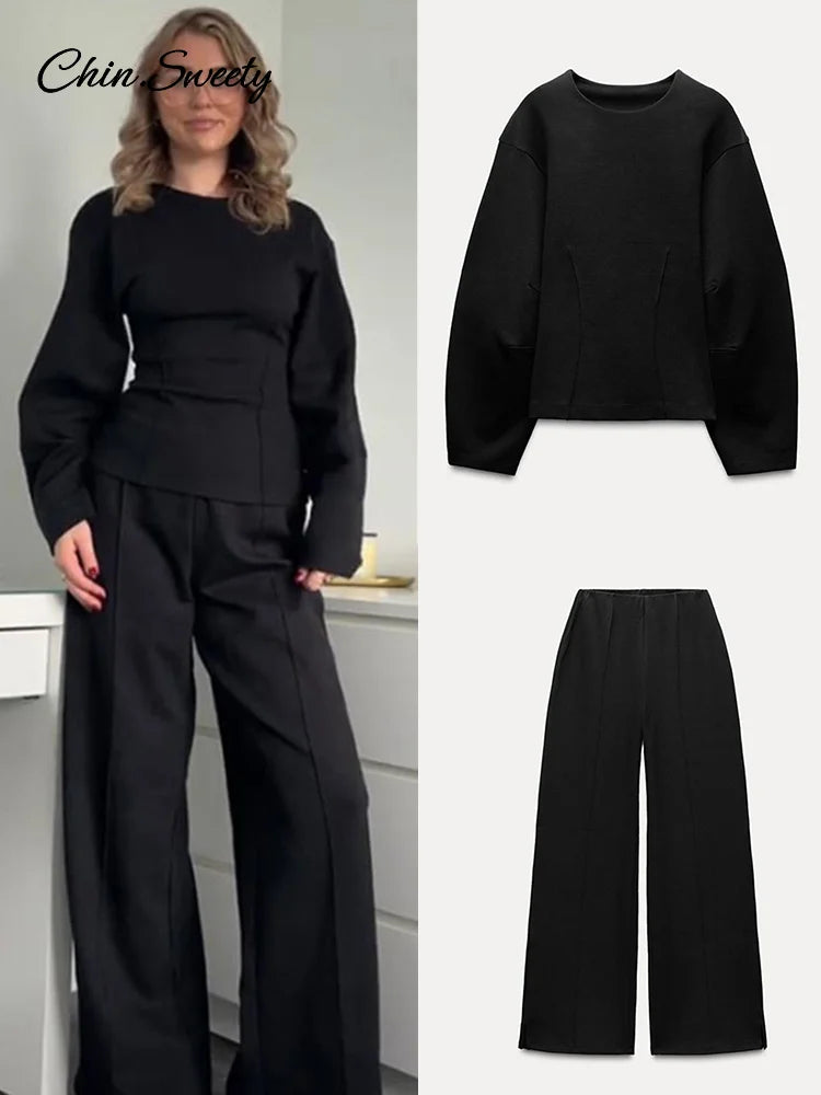’s 2-piece Pants Sets Long Sleeve O-neck Sweatshirts Wide Leg Pleated Trousers Autumn Lady Lazy Tracksuit