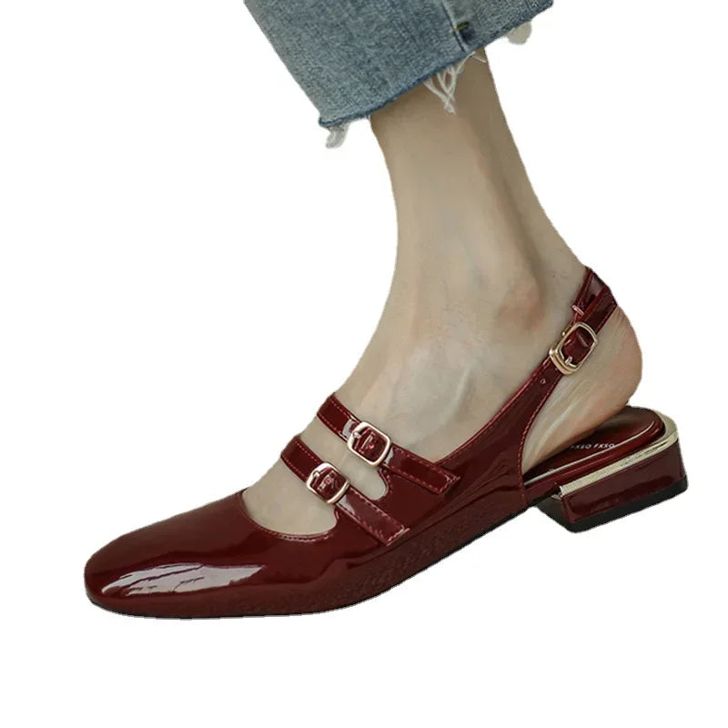 Sandals Summer Shoes Woman Flats Double Buckle Mary Janes Shoes Patent Leather Dress Shoes Back Strap Zapatos Mujer