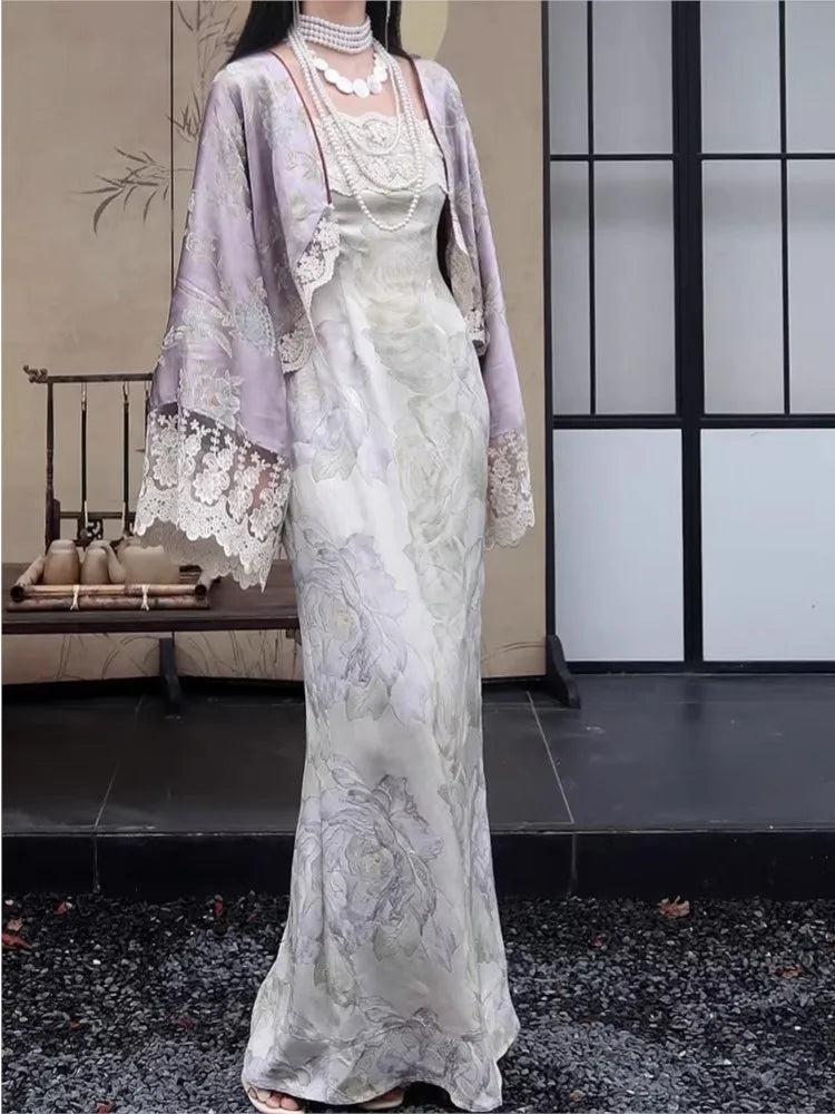 New Chinese Style ’s Two-piece Dress Set Lace Patchwork Cardigan Spaghetti Strap Lace-up Long Dress Female Suit