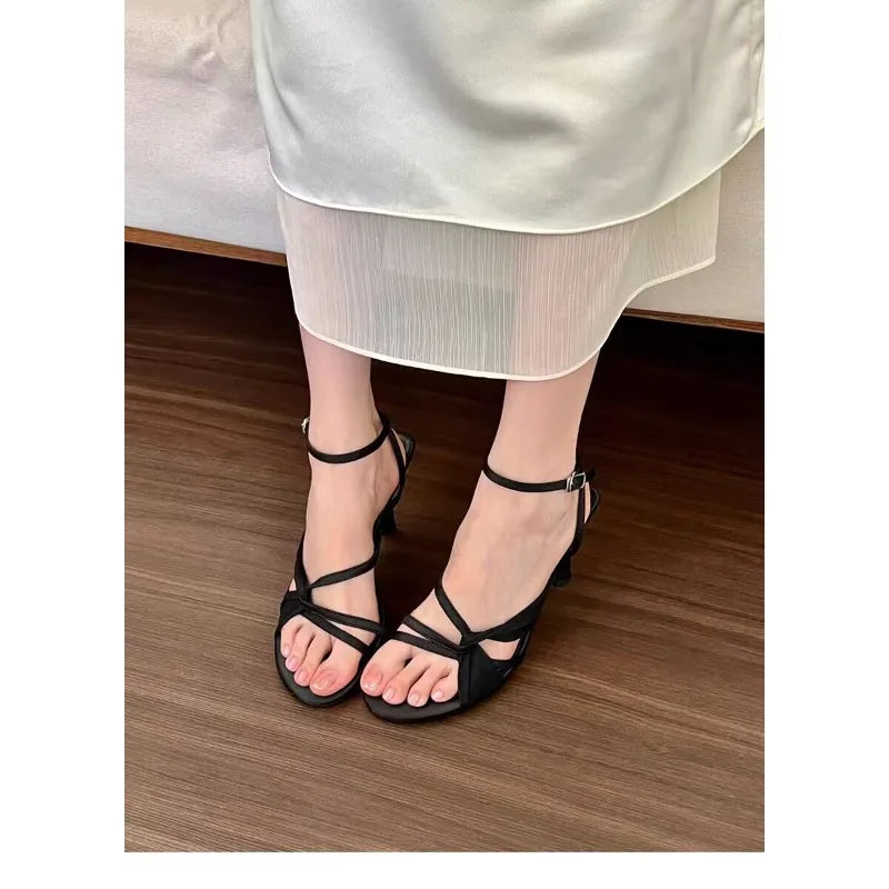 Apricot Thick Satin High Heels New Dress Singleline Buckle Stiletto Sandals French Opentoe Hollow Shoes