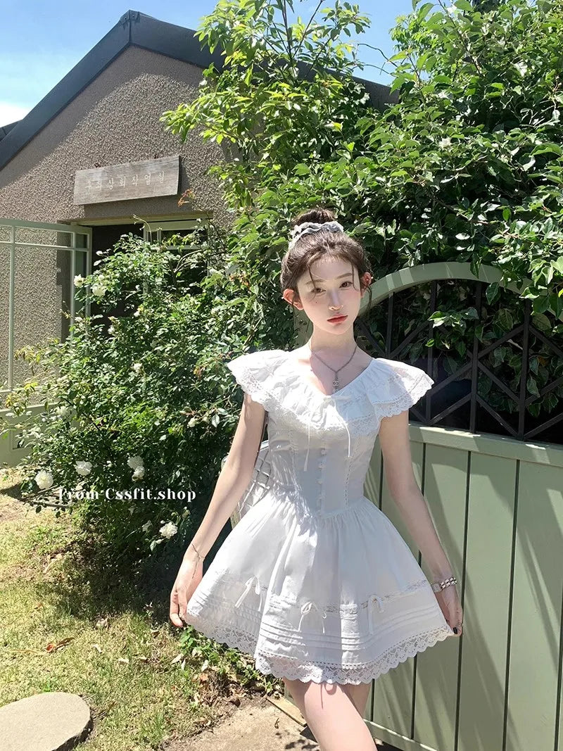Sweet White Lace Dress Evening Party Turndown Collar Mini Dress French Midi Dress Summer