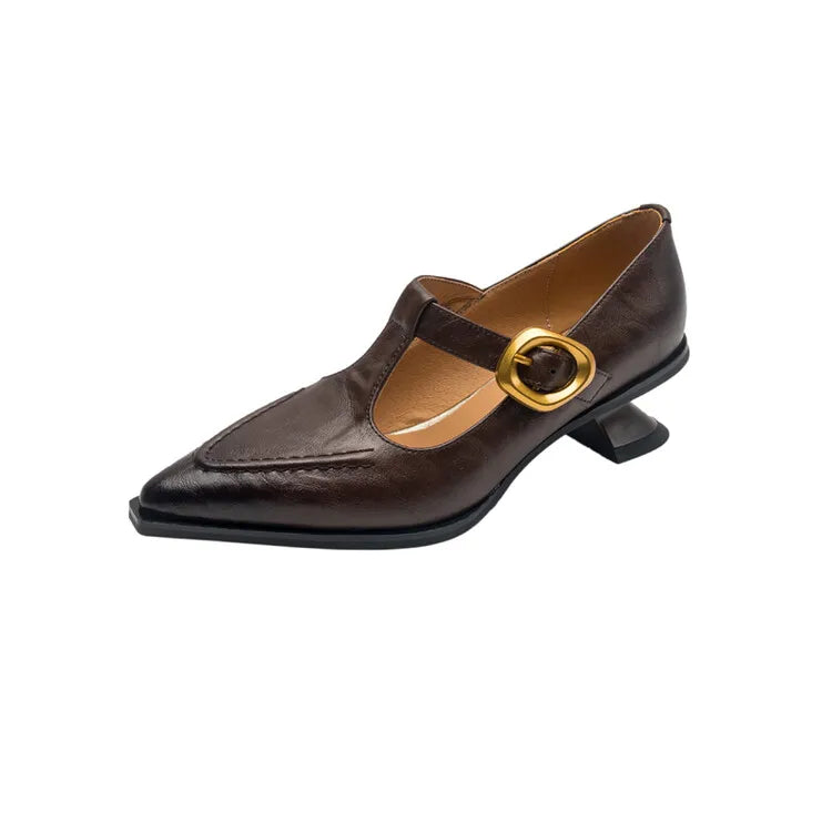 New Autumn/spring Pumps Split Leather Shoes for Pointed Toe Kitten Heel Shoes Soft Retro Buckle Mary Jane Shoe