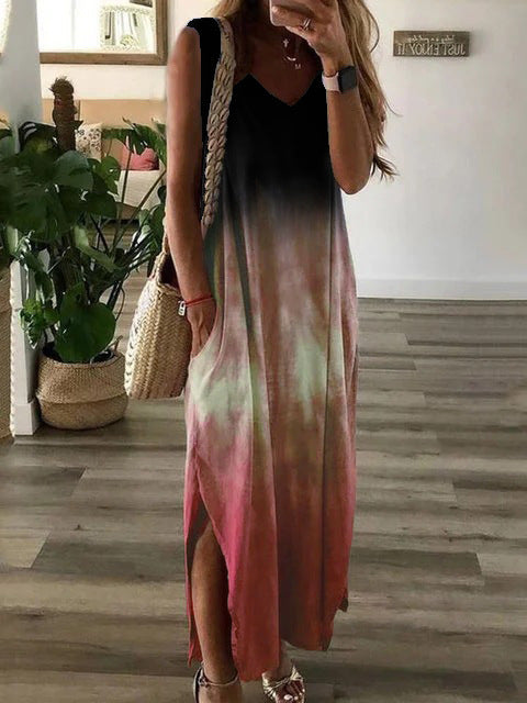 Gradient Tie Dye Print Sleeveless Long Dresses V-neck Loose Slit Vest Dress Female Summer A-line Vestidos