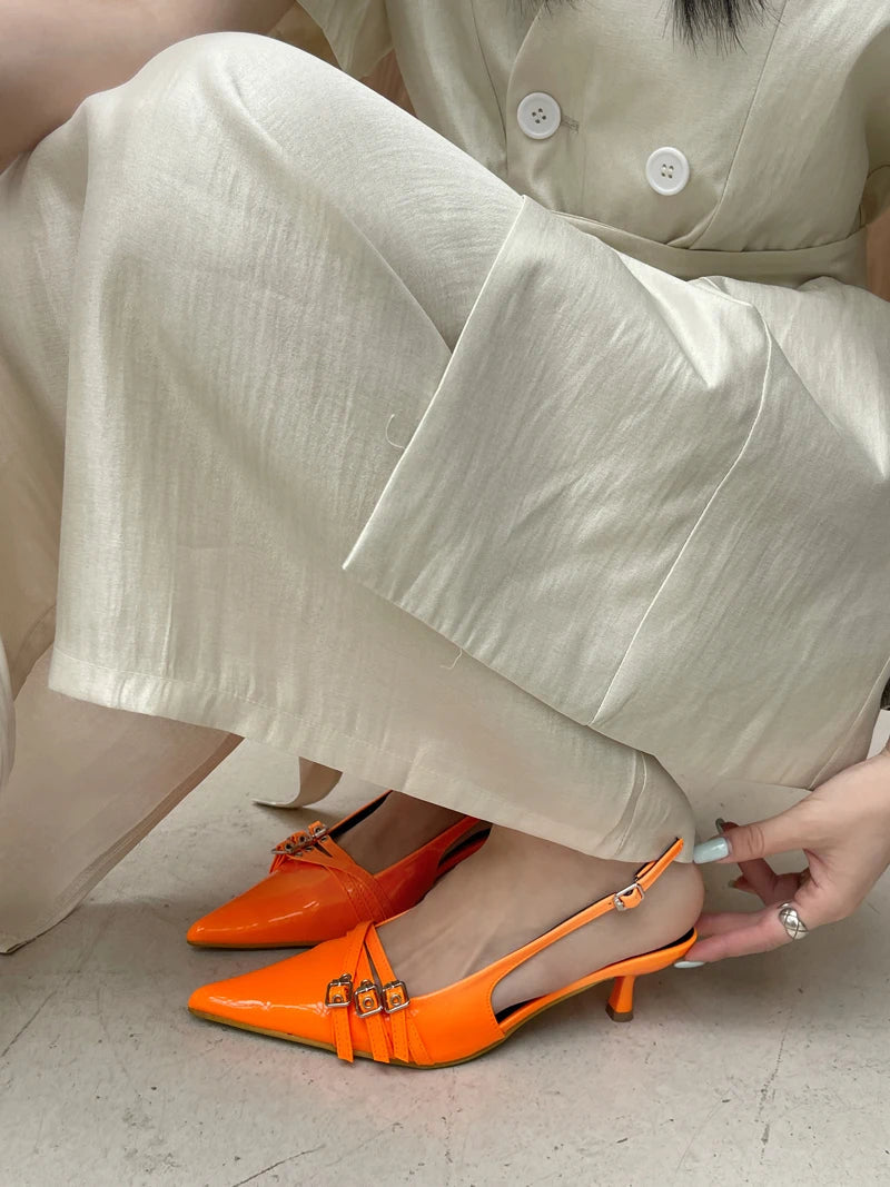 Orange Ladie Pumps Pink High Heels Pointed Toe Slingback Shoes Belt Buckle Low Heel Summer Office Shoes Blue
