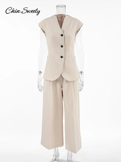 Waistcoat Pants Set for 2 Pieces Single Breasted Tank Wide Leg Trousers Spring Summer Lady Commute Outfits