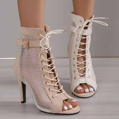 New Show Net Fabric Cross Strap High Heel Sandals Woman Shoes Pumps Laceup Peep Toe Sandals Mesh