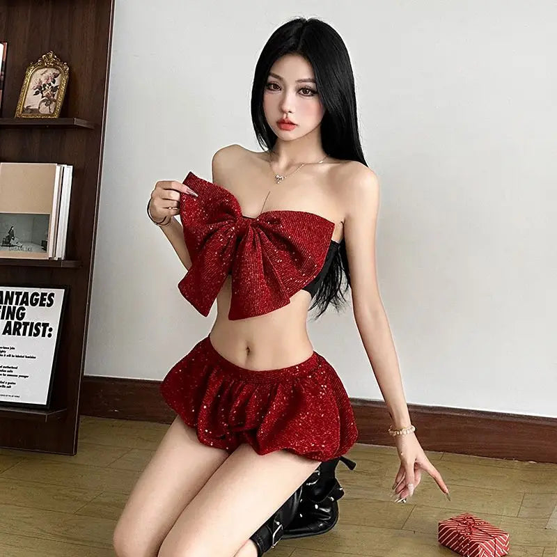 Summer Christmas Hot Girl Bow Strapless Slimming Crop Top Tube Top Shorts Set Spicy Two Piece Sets Outfits