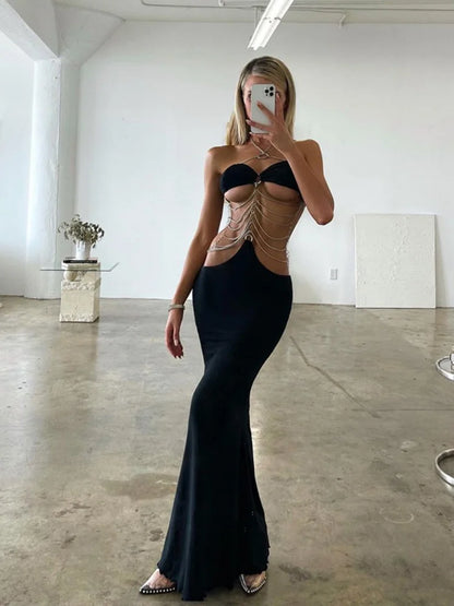 Metal Chain Halter Hollow Out Party Dresses Evening Sleeveless Maxi Dress Wrap Dresses for Clothing