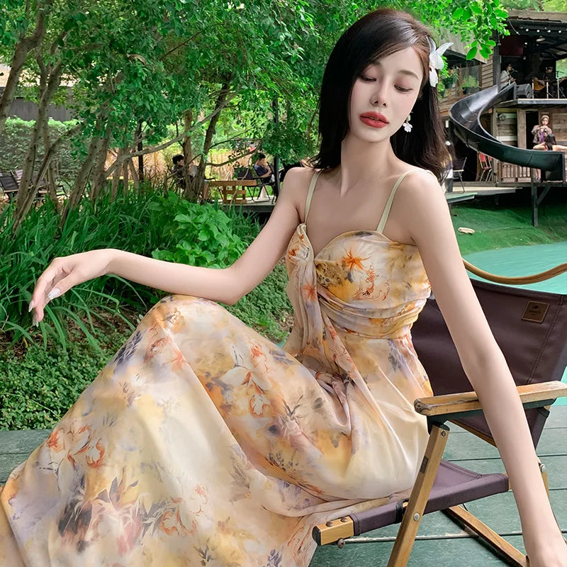 Retro Beige Yellow Print Sleeveless Pleated Slip Long Dress Summer New Holiday Evening Party Dress
