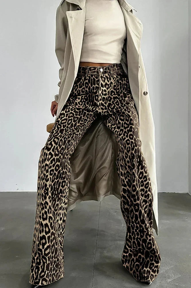 Button Multi Pockets Leopard Print Pants