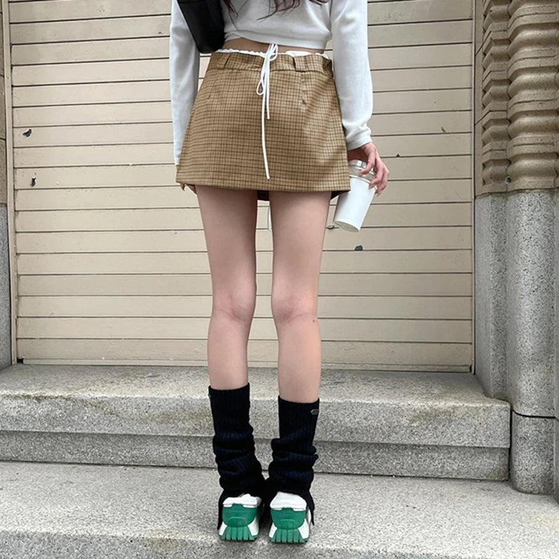 Plaid Mini Shorts Skirt Contrast Color Drawstring High Waist Skirts With Shorts Korean College Style Bottoms