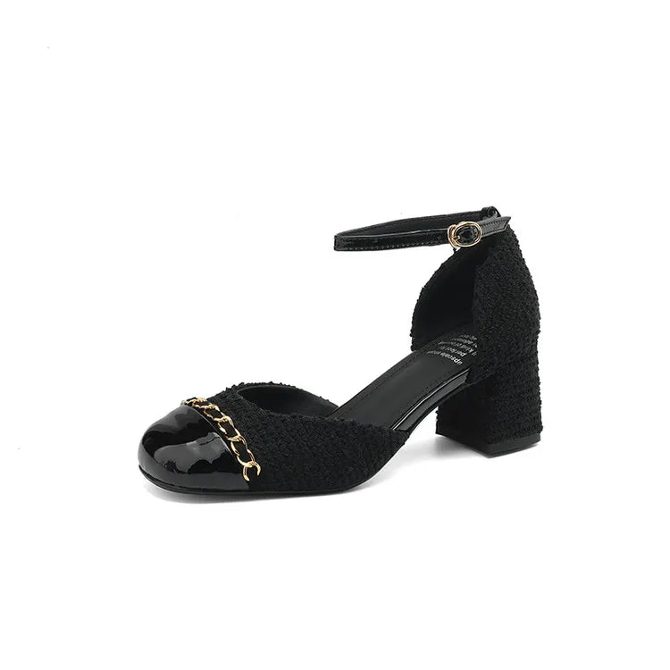New Summer Sandals Cotton Fabric Shoes for Cover Toe Chunky Shoes Round Toe Cover Heel Sandals Splicing Chain Shoes