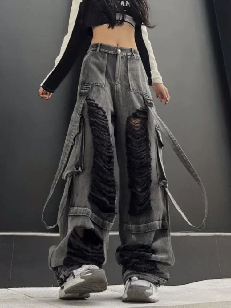 Black Ripped Jeans for Hip Hop Y2k Baggy Hole Do Old Wide Leg Cargo Denim Pants Bottoms