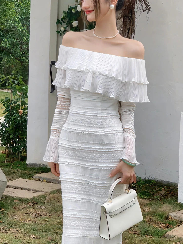 White Midi Dress Office Lady Long Sleeve Beach Party Bodycon Dress Summer One Piece Dress Korean