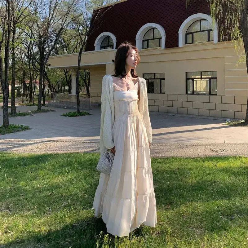 French Lace Spliced Black Slip Dress Summer New High End Sleeveless Waist Slimming Aline Long Dress for