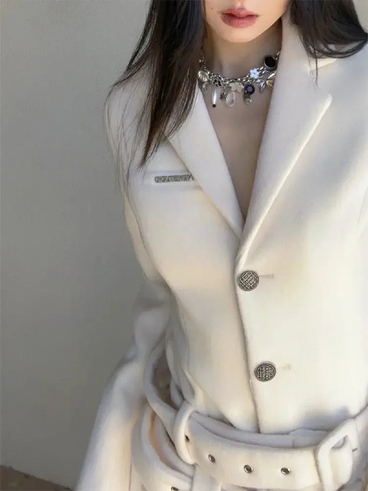French Highend White Suit Dress Clothing Autumn New Long Sleeve Waist Belted Slimming Aline Pleated Mini Dress