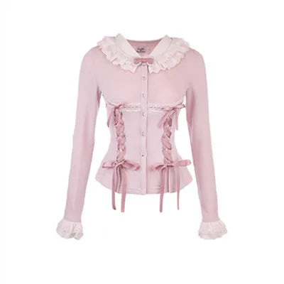 Soft Sweater Cardigan New Autumn Bow Pearl Single Breasted Oneck Sweater Sweet Coat