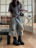 Ripped Oversize Denim Shorts Jeans Hollow Out Calflength Pants Hip Hop Summer Bottoms