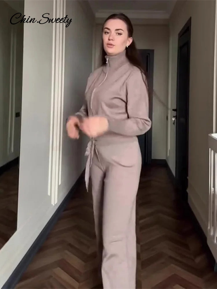 Knitted Pants Sets Stand Collar Zipper Cardigan Loose High Waist Pants Suits Autumn Winter New in Matching Outfits