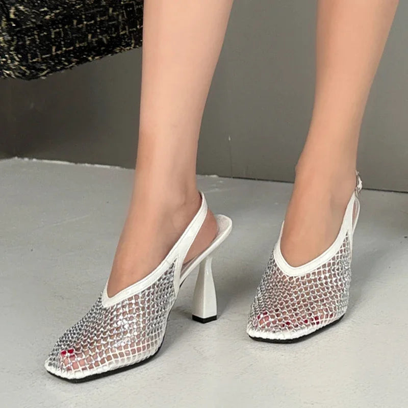 Rhinestone Squaretoe Sandals Summer Mesh Breathable Party Dress Shoes Thin High Heeled Mule Shoes
