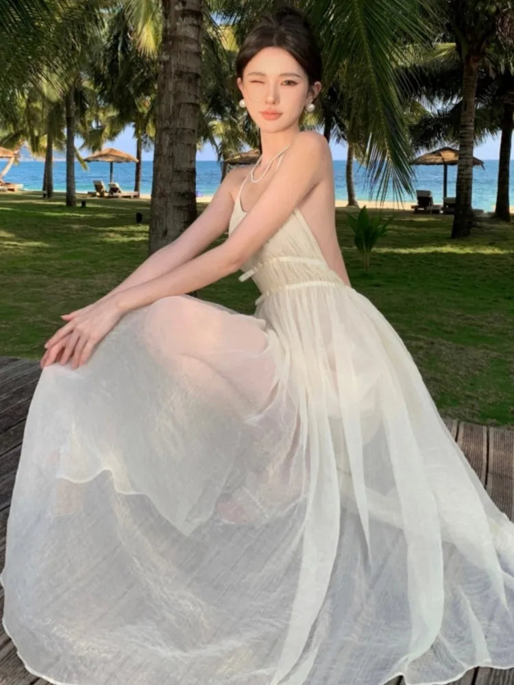 Backless Pleated Aline Long Dresses Summer Beige Slim High Waist Holiday Sleeveless Round Neck Halter Bandage Fairy Dress