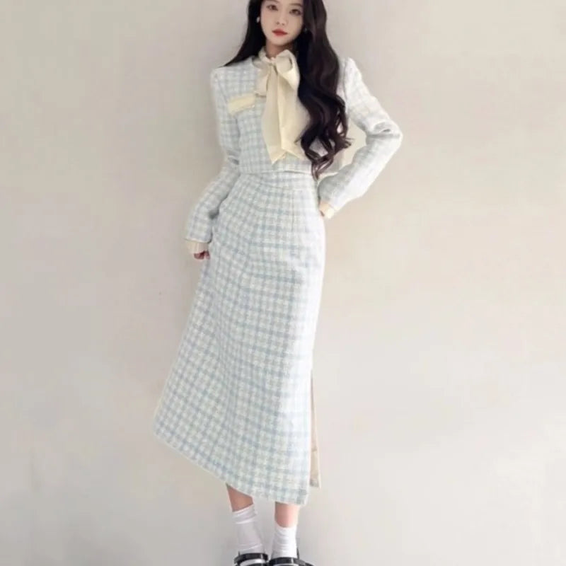 Korean Two-piece Skirt Sets Crop Jacket Coat Bodycon Midi Skirt Autumn Winter New Female Outfits