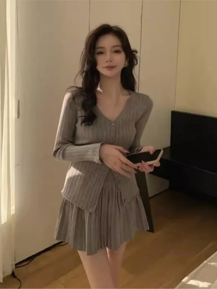 Autumn Y2k Knitted 2-piece Skirt Set Single Breasted V-neck Cardigan Pleated Mini Skirt Korean Suit Knitting Outfits