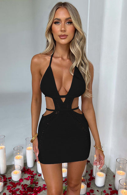 Hollow Out Halter Mini Dress Summer New Sleeveless Backless Skinny Club Party Knit Tank Dress Vestido