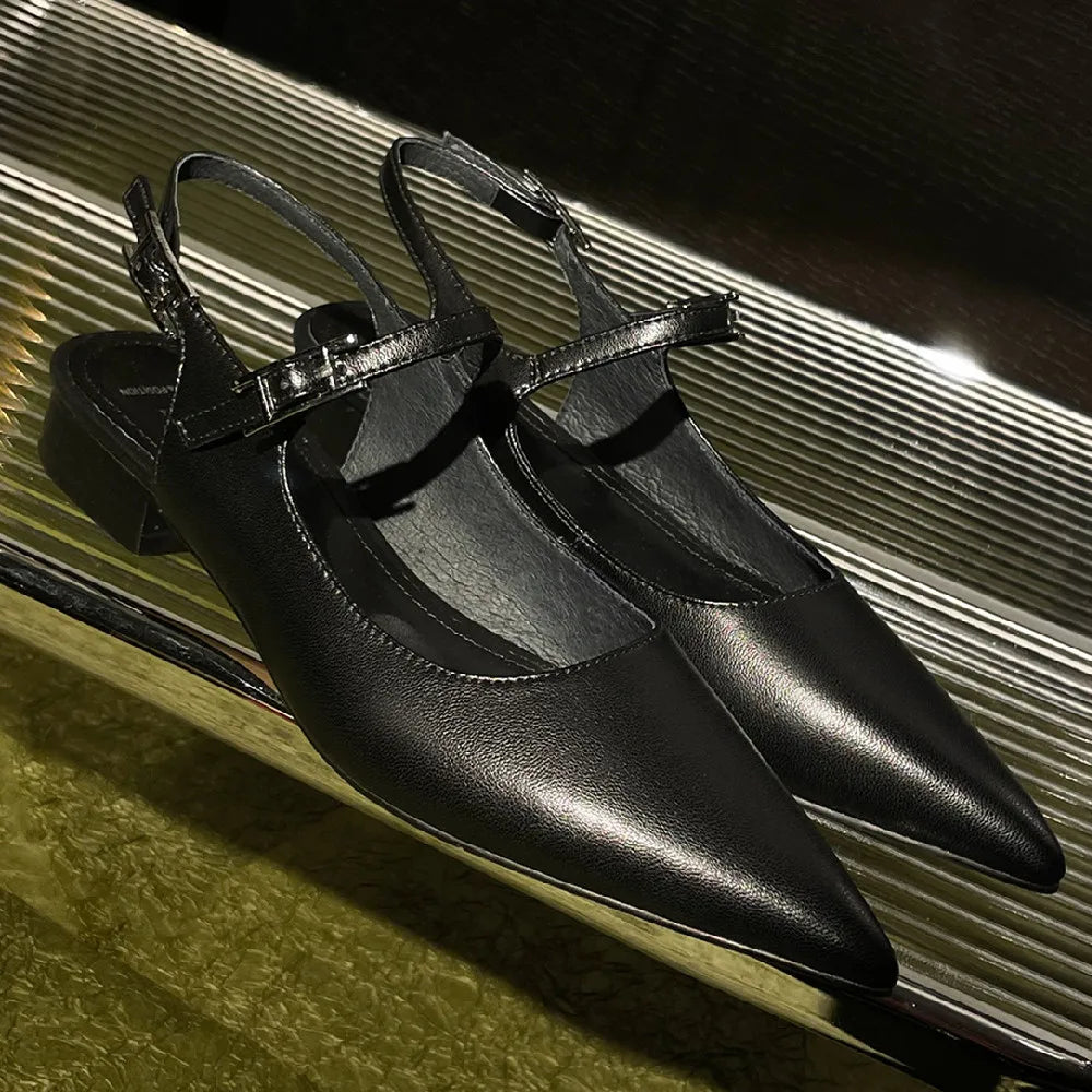 Genuine Leather Pointed Toe Slingback Slipon Flats Sandals Soft Comfortable Female Summer Daily Footwear Shoes