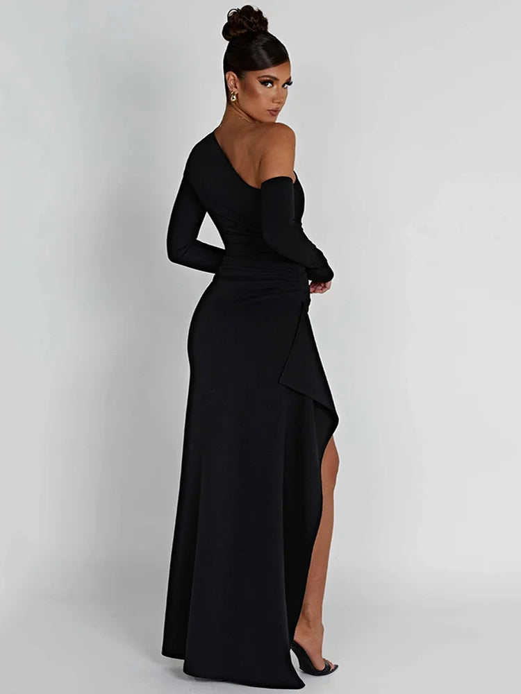 Oblique Shoulder Thigh High Split Maxi Dress Long Sleeve Backless Bodycon Club Party Long Dress Vestidos