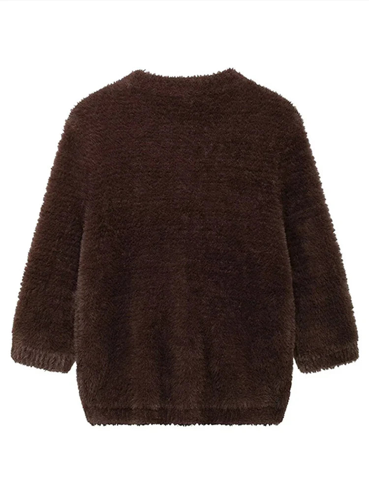 Faux Fur Half Sleeve Cardigans Single Breasted O-neck Loose Wine Red Sweater Female Furry Autumn Tops