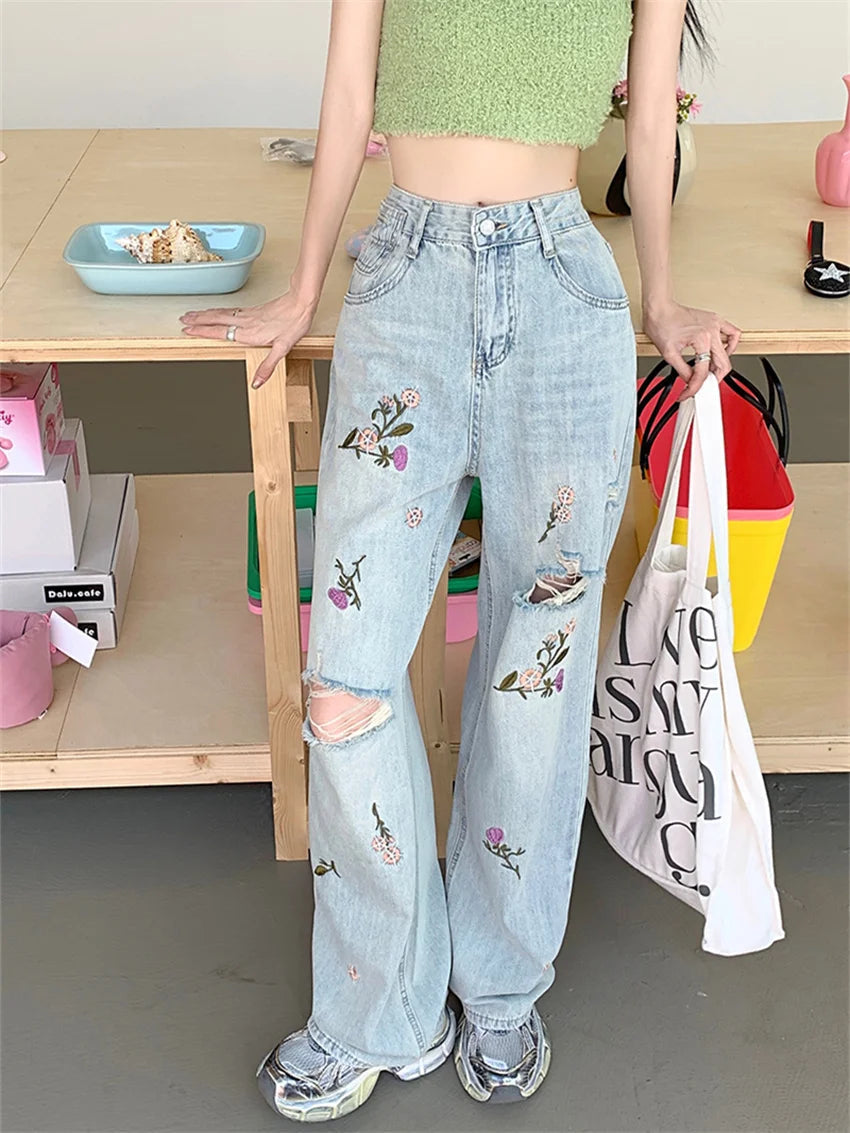 Embroidery Flowers Jeans Autumn Ol Hole Loose Slim New Straight Denim Pants