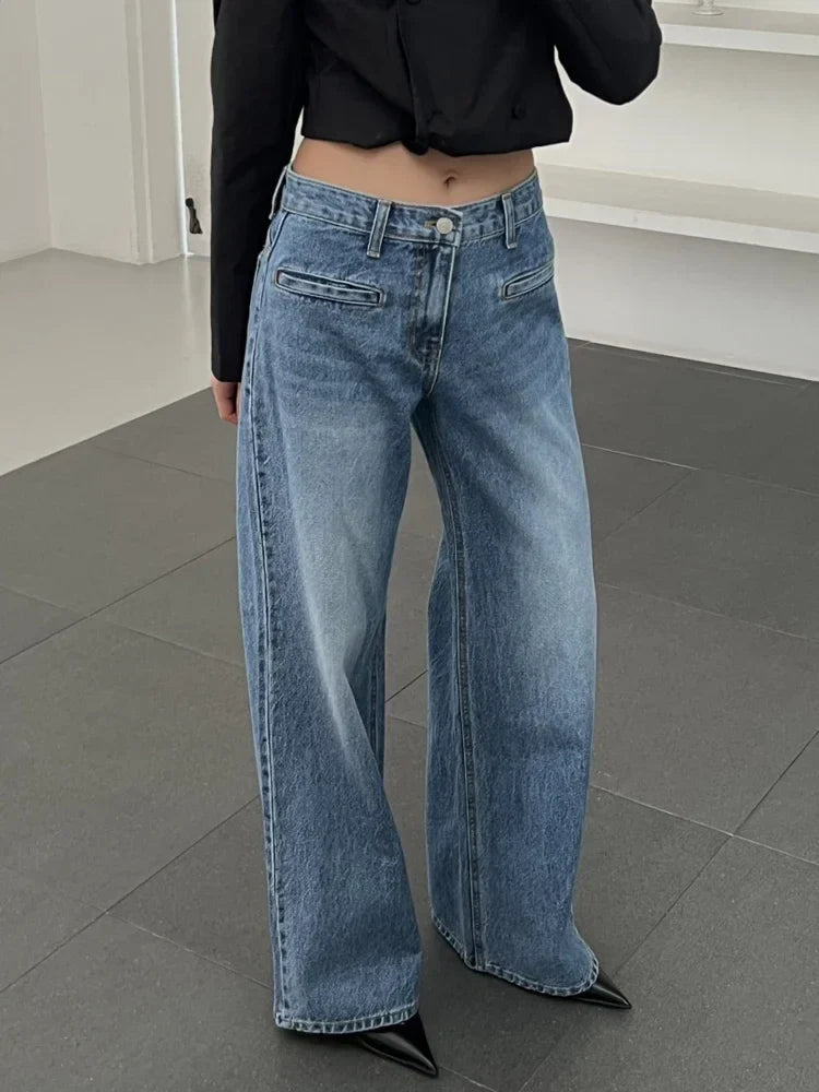 High Waist Loose Pockets Jeans Blue Wide Leg Pants Y2k New Autumn Winter Jeans