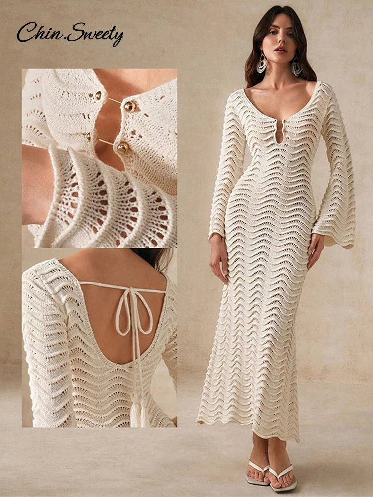 Beach Knit Hollow Out Maxi Dress Flare Sleeve Lace-up See-through Holiday Dresses Female Summer Lady Slim Robes