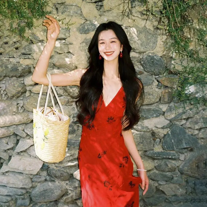 High End Glamorous Socialite Party Evening Red Vneck Camisole Dress Slim Fit Sleeveless Bodycon Maxi Dresses for